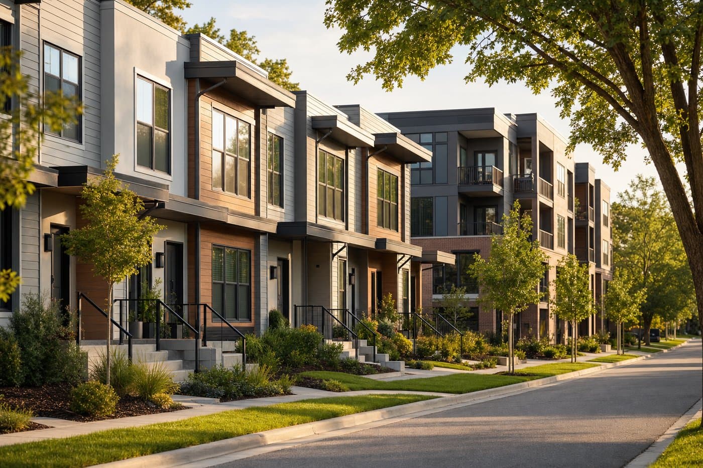 Row of modern rental townhomes and a small apartment building on a tree-lined street